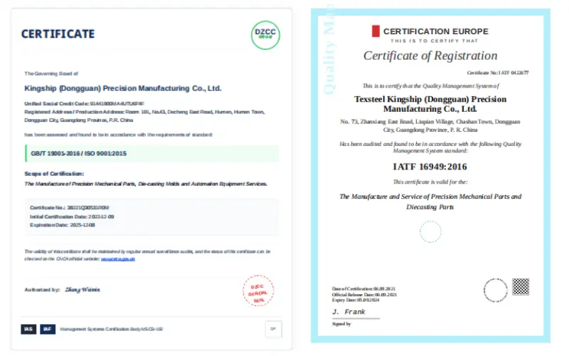 TF1949 ISO9001 Certification for Quality Management in Die Casting